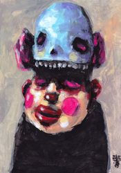 Mr. Shapka golova. Zombie painting original art, Horror Dark art creepy Contemporary Outsider Art. Acrylic, paper