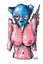 Mrs. Blue Cat. Nude Erotic NSFW Zombie painting original art, Horror Dark art creepy Art. Acrylic, paper