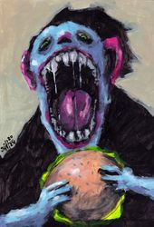 Mr. Big Burger. Zombie painting original art, Horror Dark art creepy Contemporary Outsider Art. Acrylic, paper