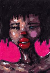 Mrs. Afro girl. Zombie painting original art, Horror Dark art creepy Contemporary Outsider Art. Acrylic, paper