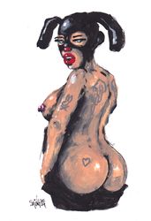 Mrs. Bigrabbit. Nude Erotic NSFW Zombie painting original art, Horror Dark art creepy Art. Acrylic, paper
