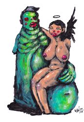 Mrs. Papik. Nude Erotic NSFW Zombie painting original art, Horror Dark art creepy Art. Acrylic, paper
