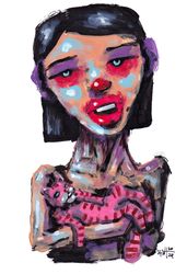 Mrs. Pink kotik. Zombie painting original art, Horror Dark art creepy Contemporary Outsider Art. Acrylic, paper