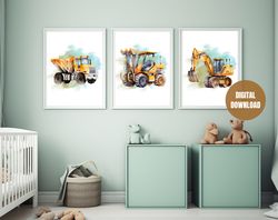 Printable Vertical Set of 3 Vehicle Prints, Watercolor Construction Trucks Printable Wall Art, Truck Wall Art, Construct