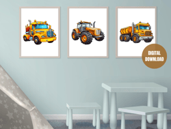 Printable Vertical Set of 3 Vehicle Prints, Watercolor Construction Trucks Printable Wall Art, Transportation Nursery, K