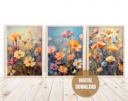 Printable Set of 3 Flowers in impressionism Wall Art Posters, Printable Flowers Wall Art, Digital Download