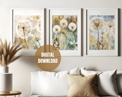 Printable Set of 4 Watercolor Dandelions Wall Art Posters, Neutral Modern Art, Flowers Art Prints, Digital Download