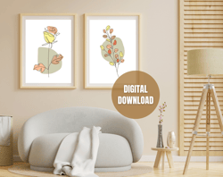 Printable Set of 2 Boho Flowers Wall Art Posters, Modern Wall Art, Boho Art Prints, Digital Download