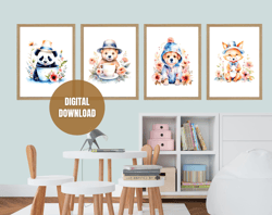 Printable Vertical Set of 4 Cute Animals Wall Art, Watercolor Little Animals Printable Posters for Kids, Digital Downloa
