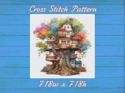 TreeHouse Cross Stitch Pattern PDF Counted House Village - Fabulous Fantastic Magical Cottage 826 718