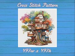 TreeHouse Cross Stitch Pattern PDF Counted House Village 826 497