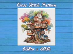 TreeHouse Cross Stitch Pattern PDF Counted House Village 826 608