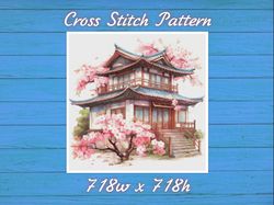 Cottage with Sakura Cross Stitch Pattern PDF Counted House Village 838 718
