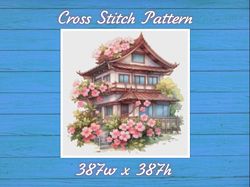 Cottage with Sakura Cross Stitch Pattern PDF Counted House Village 843 387