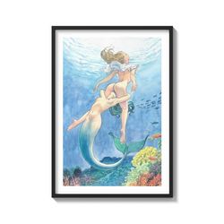 Oceanic Embrace: A Tale of Passion Between Woman and Mermaid Lesb Artprint on Matte Paper
