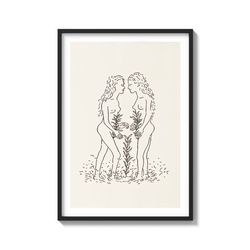 "Nature Painting. Twogethers." Intimate Lesbian Lovers Vintage Erotic Sketch on Matte Paper Art Print