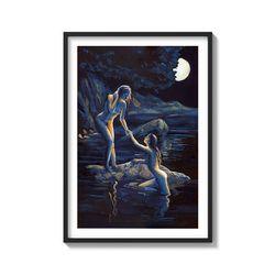 "Moonlit Swimming Lovers. Lake Kisses" Intimate Lesbian Lovers Vintage Painting on Matte Paper Art Print