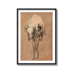 Woman carrying the bull Strong woman in art Women power in art on Matte Paper Print