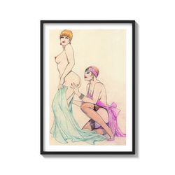 Girls loving girls Lez ladies make love vintage sketch on Matte Paper Print