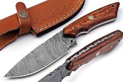 Tommi Custom Handmade Damascus Steel Blade Hunting Skinning knife with leather sheath 14103, Wood,Steel