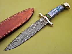 Custom Handmade Damascus Steel Hunting Knife with Colored Bone Handle leather sheath