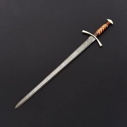 CUSTOM HANDMADE DAMASCUS STEEL SWORD personalized sword forged sword hunting sword with leather sheath