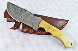 Damascus Steel Hunting Tactical Knife Camel Bone Scales Pristine Piece inc Leather Sheath