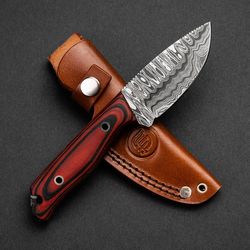 Hunter Damascus Steel Fixed Blade Knife pocket knife with leather sheath