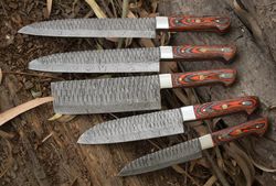 5 PIECES HANDMADE DAMASCUS KITCHEN KNIFE CHEF'S KNIFE SET WITH FORGING MARK BLADES AND LEATHER ROLL
