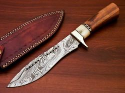 handmade damascus  steel hunting knife camel bone and rose wood handle