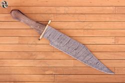 Coffin-Hilt Damascus Bowie with leather sheath