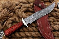 custom handmade Damascus steel bowie hunting knife with leather sheath