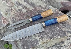Fork and chef knife Damascus steel knives BBQ Knives Outdoor Grill Parties gifts BBQ Grilling accessories Easter Gifts