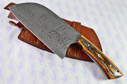 Hand Forged Damascus Steel Laminate Wood Cleaver Kitchen Knife with Leather Sheath