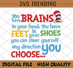 Dr. Suess Quote - You have brains in your head. You have feet in your shoes dr seuss svg,png,dxf, cat in the hat font,cl