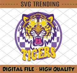 Tigers preppy mascot Png Purple yellow gold checkerboard Png, NCAA Png, NCAA Sport Png, Digital Download