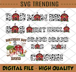 Personalized Name And Age Family Farm Birthday Bundle Png, Embroidered Farm Party Png, Animal Birthday Png ,Cow Birthday