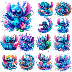 Stitch Splash Png Bundle, Stitch Watercolor Png Digital design, Disney Stitch Png