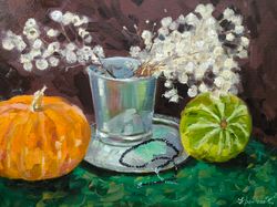 Pumpkins Still life Painting, Fluffy grass Flowers Painting, Autumn Original Oil Painting