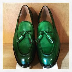 Handmade Green Leather Tassels Loafers Slips On Moccasin Shoes