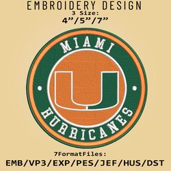 NCAA Logo Miami Hurricanes, Embroidery design, Embroidery Files, NCAA Miami Hurricanes, Machine Embroidery