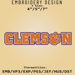 Clemson Tigers NCAA Logo, Embroidery design, NCAA Clemson Tigers, Embroidery Files, Machine Embroider Pattern