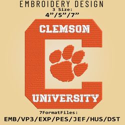 Clemson Tigers NCAA Logo, Embroidery design, Clemson Tigers NCAA, Embroidery Files, Machine Embroider Pattern