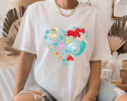 Disney Princess Ariel Flounder and Sebastian Collage Heart T-Shirt,Family Matching Tee Disneyland Trip Gift Unisex Adult