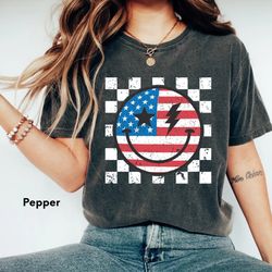 Happy Face Checkered Blue & Red Shirt,Memorial Day,Flag Smiley Shirt,4th Of July Shirt,Fourth Of July Shirt,Distressed S