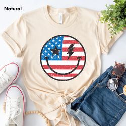 Happy Face Red & Blue Shirt,Memorial Day,Flag Shirt, 4th Of July Shirt,Fourth Of July Shirt,Distressed Retro Independenc