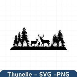 Deer In The Forest SVG, Deer Family svg, Wilderness svg, Forest Deer Scene svg, Landscape Svg, Buck and Doe svg, Cut Fil
