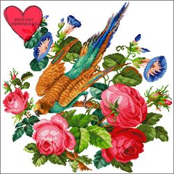 Vintage bird in flowers cross stitch pattern retro sampler primitive parrot flower cross stitch chart