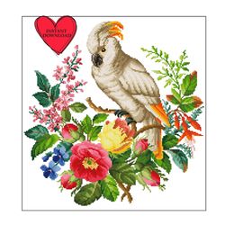 White parrot Cockatoo cross stitch pattern bird in flowers on branch vintage cross stitch pattern embroidery pdf