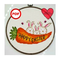 Happy Easter cross stitch pattern, bunny with carrot cross stitch pattern pdf